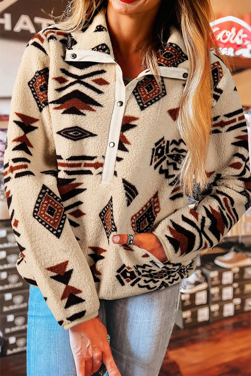 Aztec Yoke Sherpa Half Zip Stand Collar Kangaroo Pocket Sweatshirt
